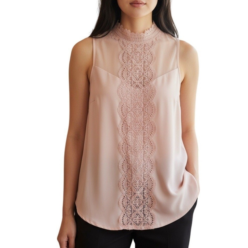 EXPRESS Baby Pink Lace Mesh Swiss Dot Mock Neck Sleeveless Blouse NWOT‎ Size M